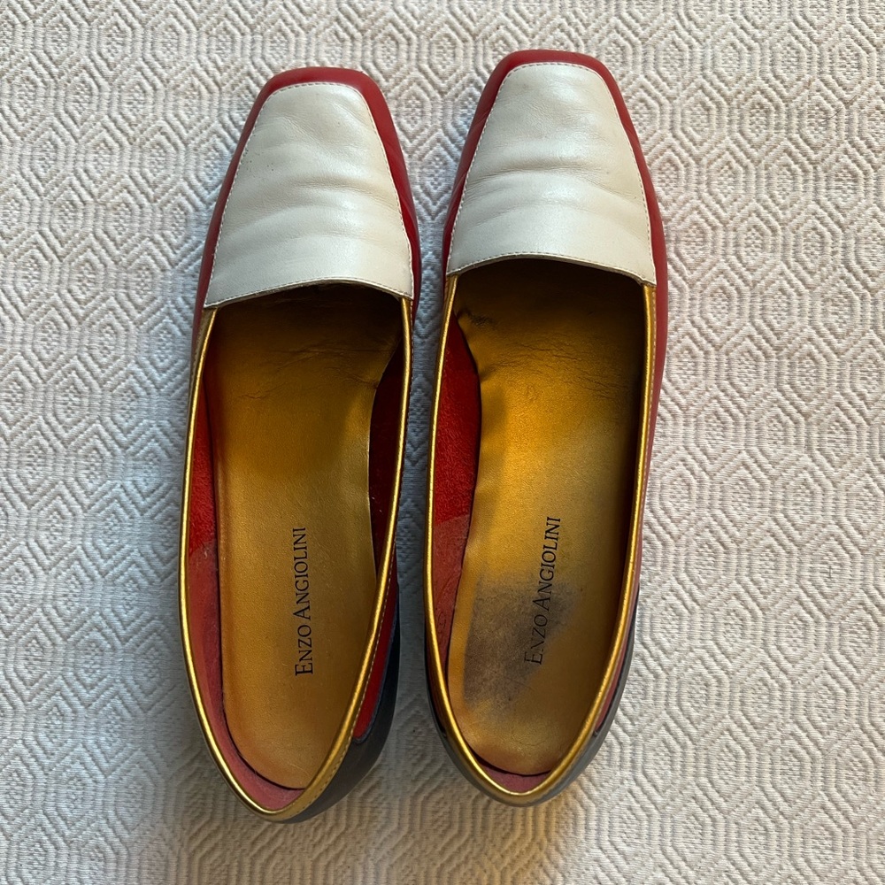 Enzo Angiolini White and Red Square-Toe Leather Loafers